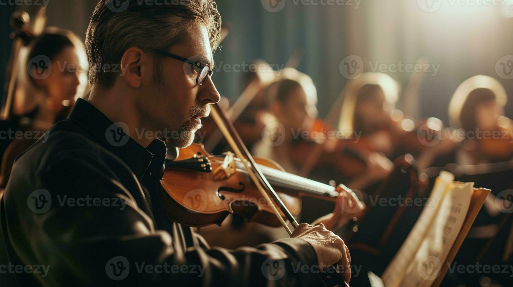 ai generato violinista l'esecuzione nel un orchestra foto