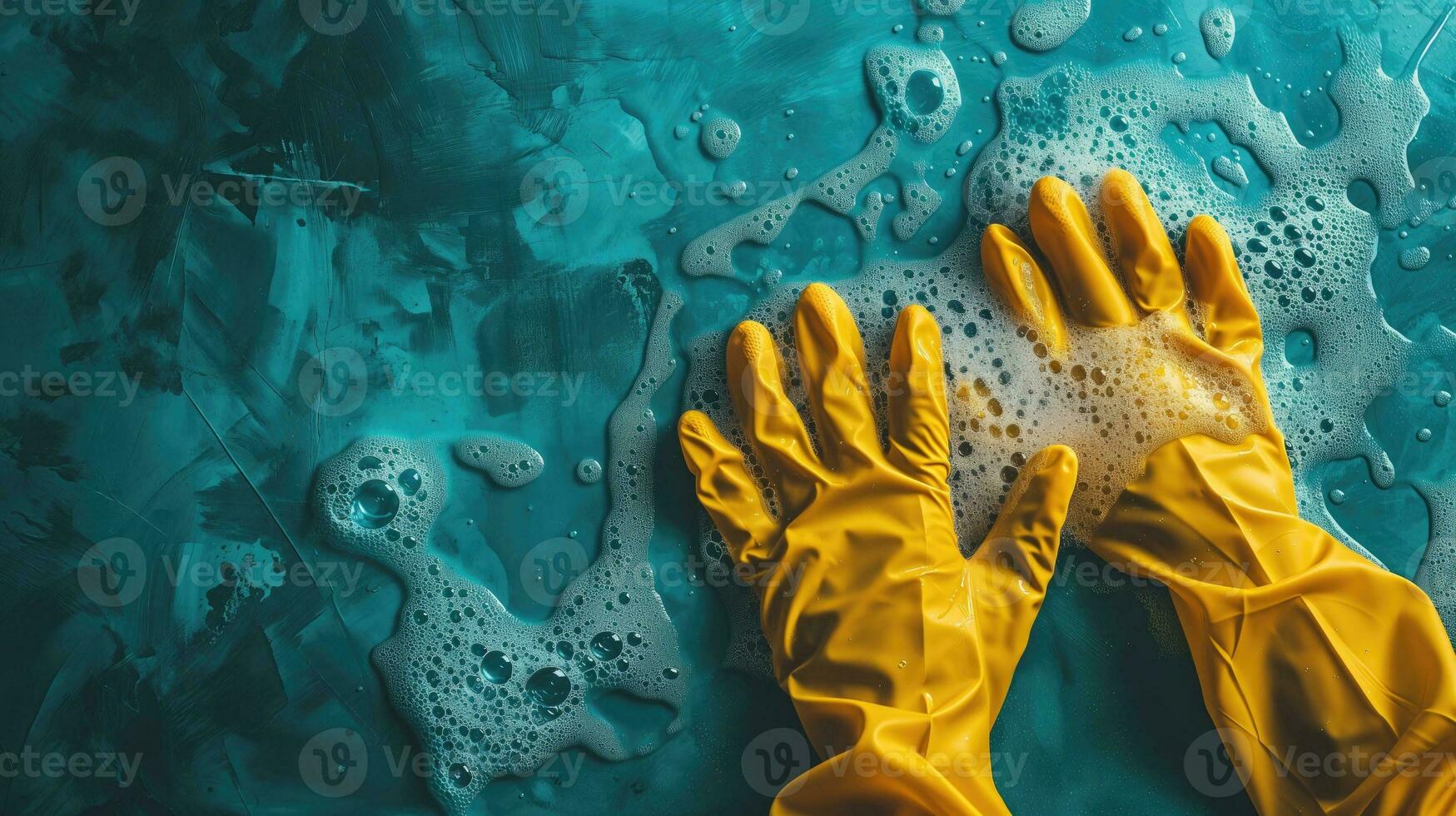 ai generato giallo gomma da cancellare guanti su un' blu strutturato superficie con sapone schiuma foto