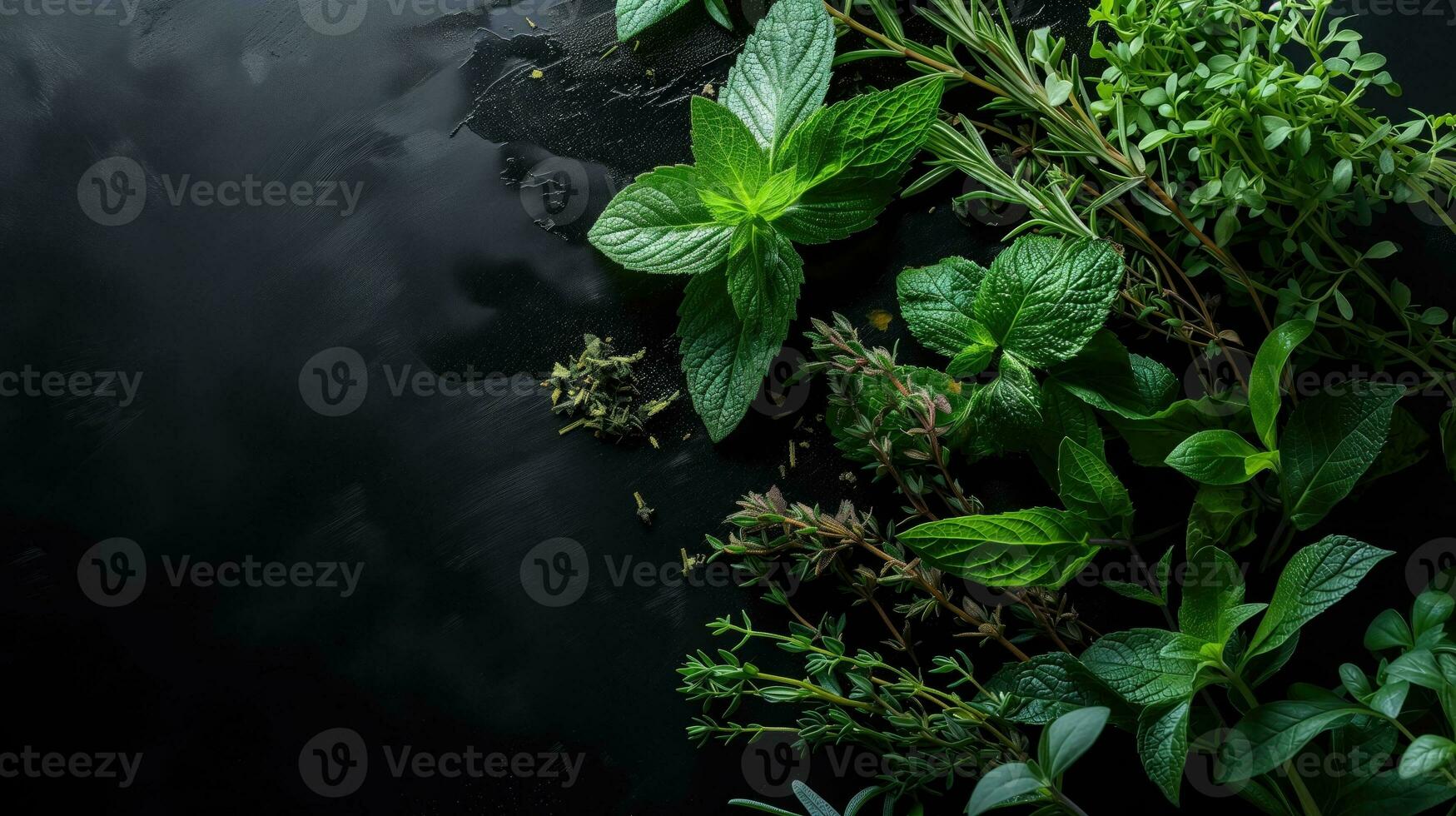 ai generato assortimento di fresco erbe aromatiche su un' bagnato buio superficie foto