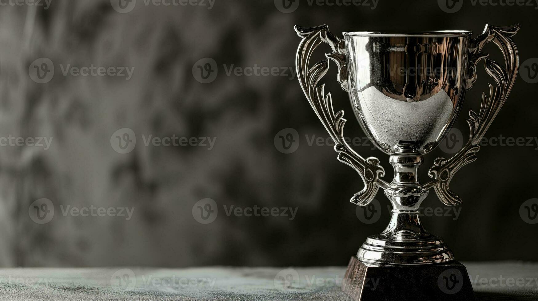 ai generato elegante argento trofeo tazza su un' strutturato grigio sfondo foto