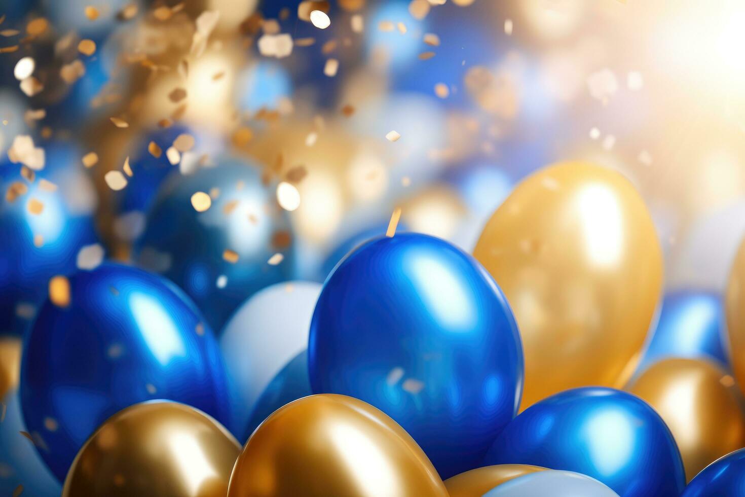 ai generato palloncini sfondo decorazione , d'oro e blu palloncini sfondo con coriandoli e bokeh sfondi ai generato foto