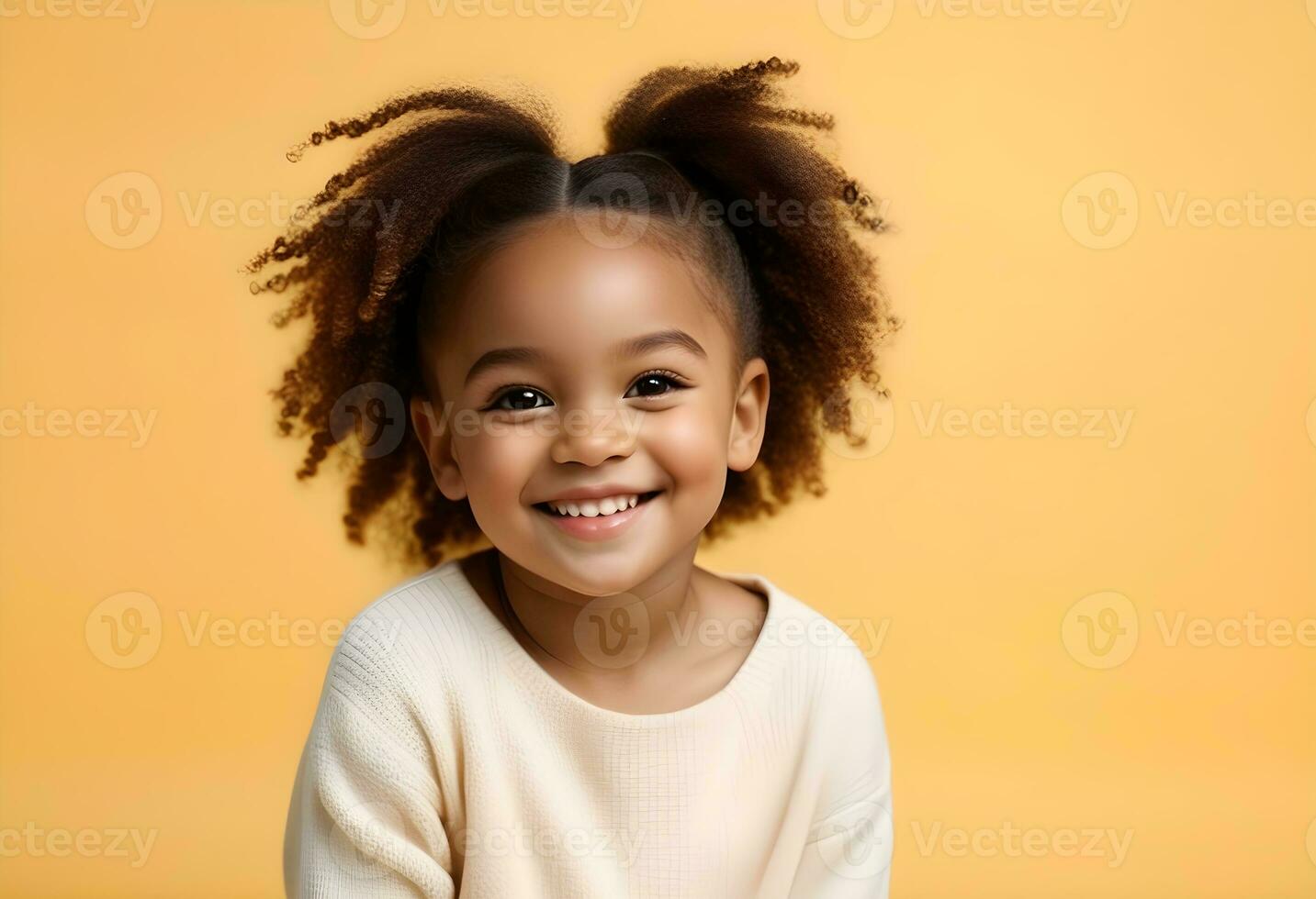 ai generato ritratto di contento africano americano ragazza guardare a telecamera foto