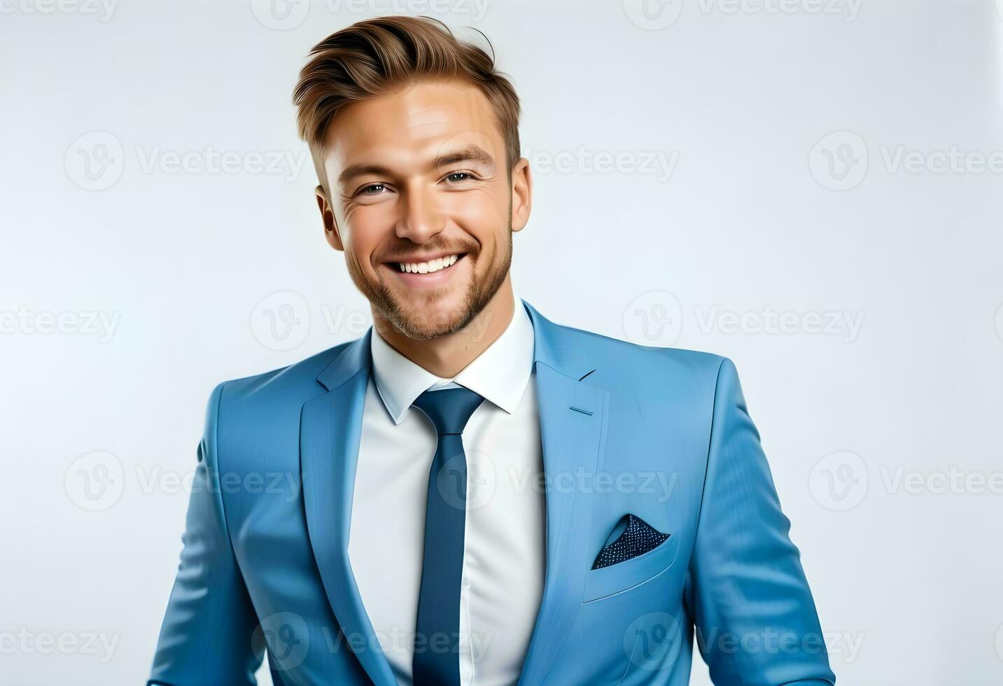 ai generato ritratto di bello caucasico uomo nel formale completo da uomo guardare foto