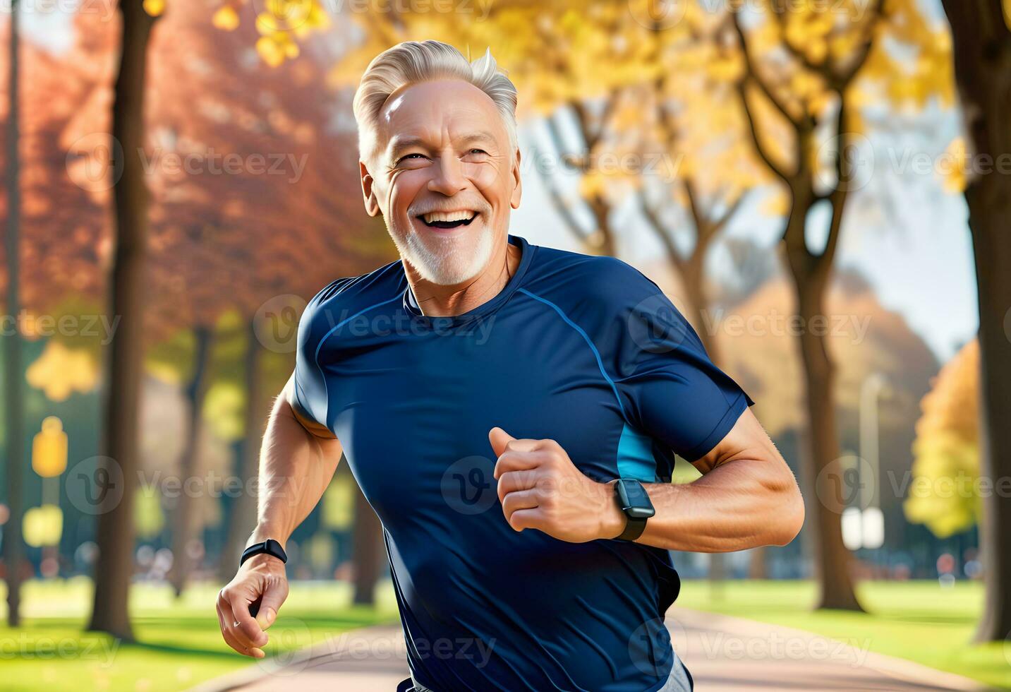 ai generato ritratto di un' anziano uomo nel fitness indossare in esecuzione nel un' parco. foto