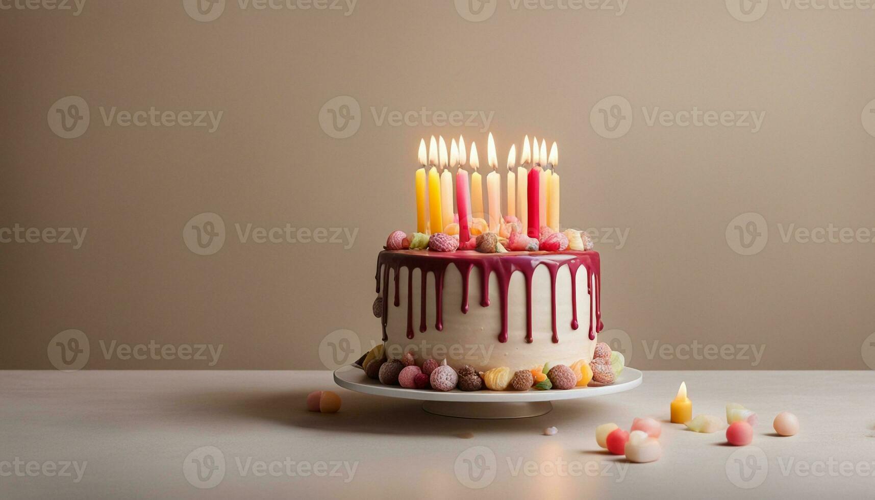 ai generato compleanno torta con candele e dolci su bianca tavolo vicino buio beige parete foto