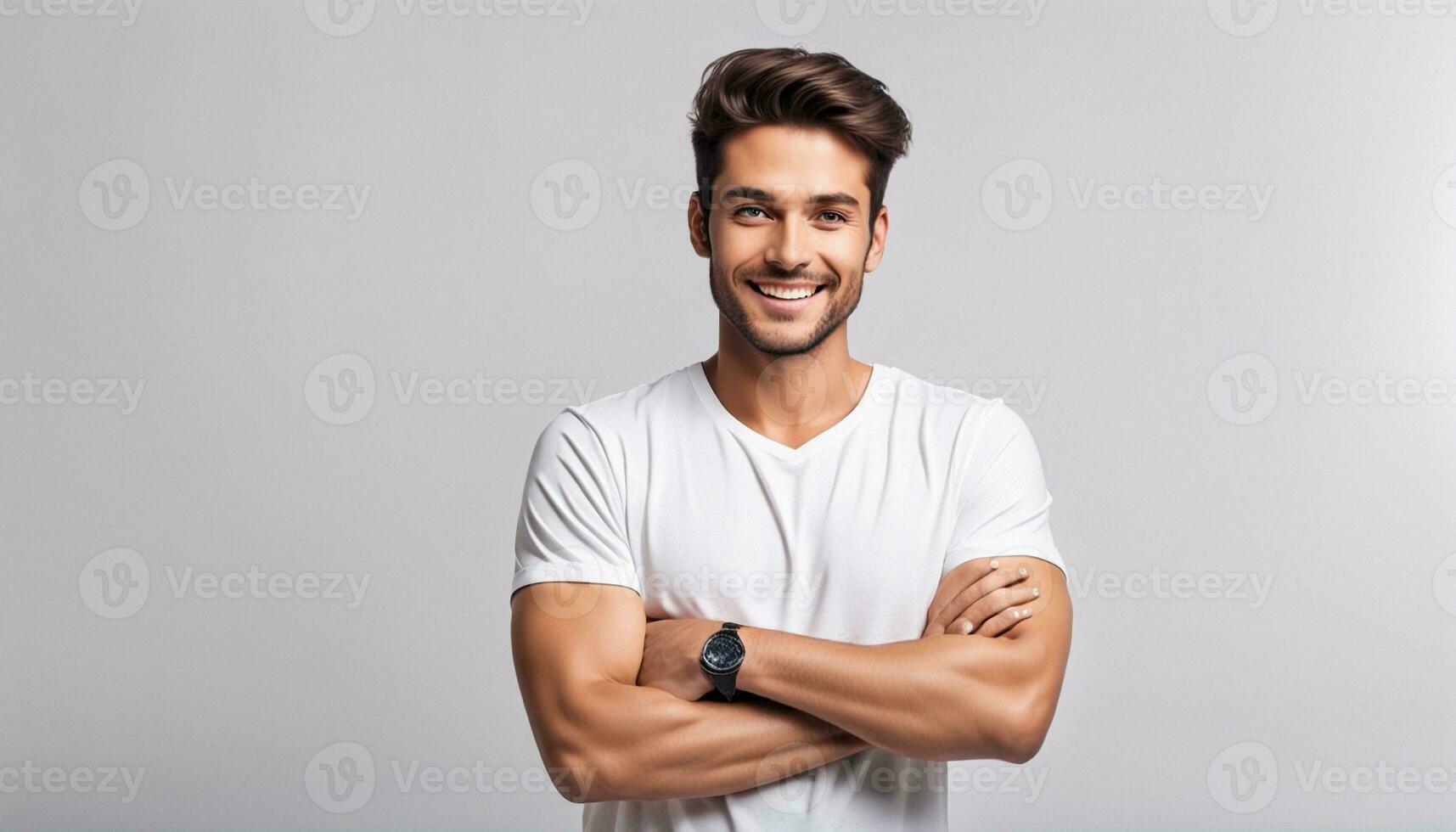 ai generato giovane, bello e amichevole viso uomo Sorridi, vestito casualmente con contento e sicuro di sé foto