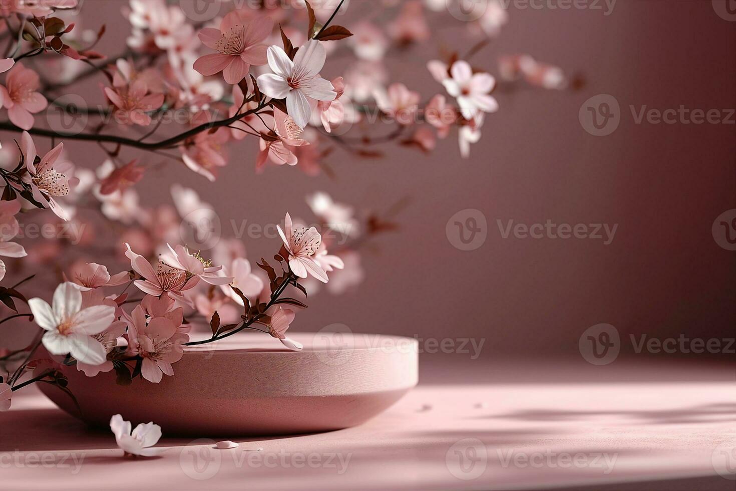 ai generato minimo lusso podio nel rosa parete sfondo con primavera fiori. concetto Schermo scena palcoscenico piattaforma vetrina, Prodotto, saldi, striscione, presentazione, cosmetico. 3d rendere, sociale media. foto