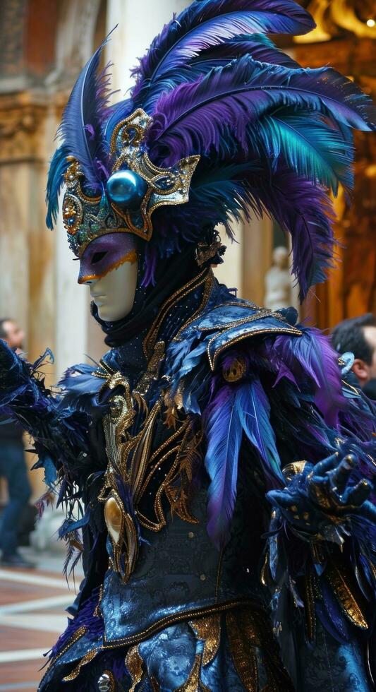 ai generato carnevale cliente con blu e viola piume foto