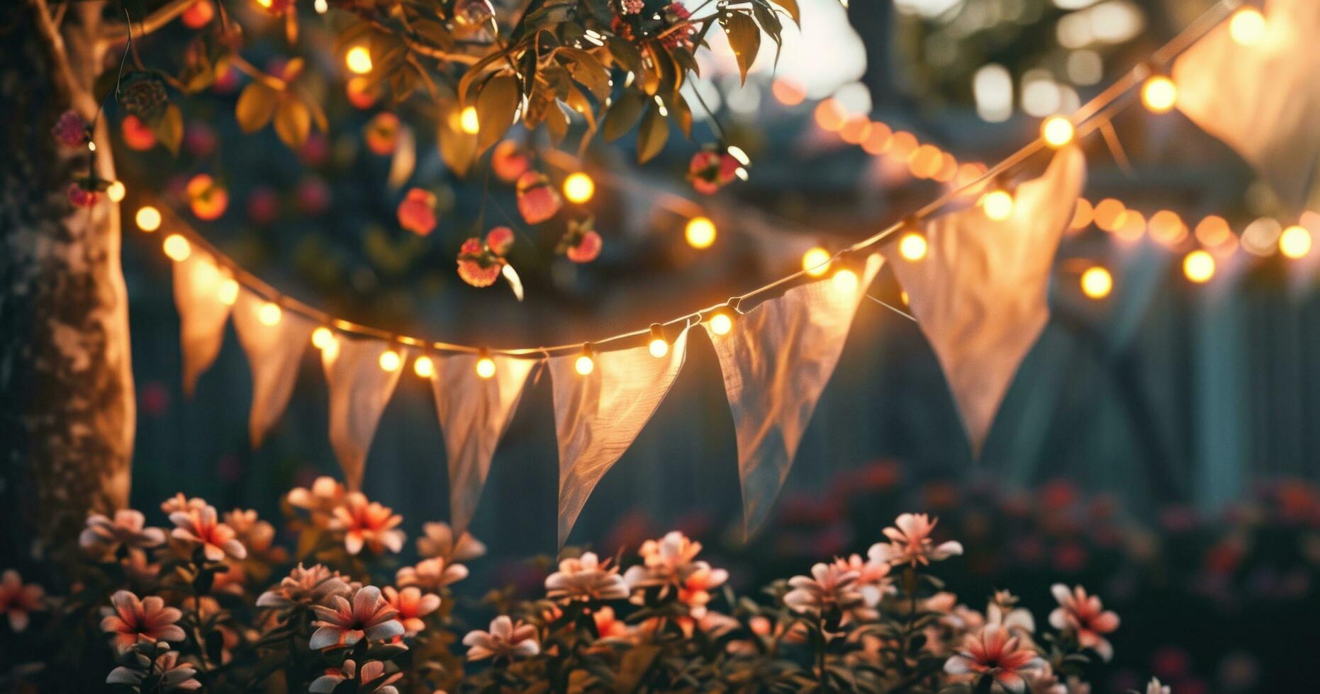 ai generato pavese è sospeso sopra fiori nel un' terrazza o cortile a un' festa foto