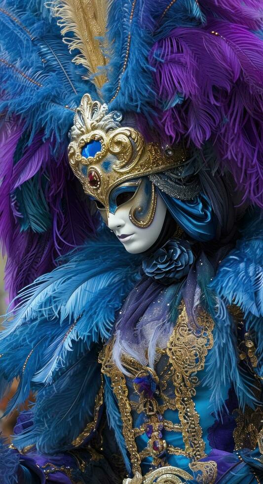 ai generato carnevale cliente con blu e viola piume foto