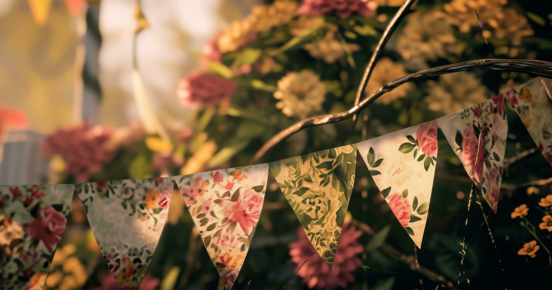 ai generato pavese banner sospeso vicino alcuni fiori al di fuori foto