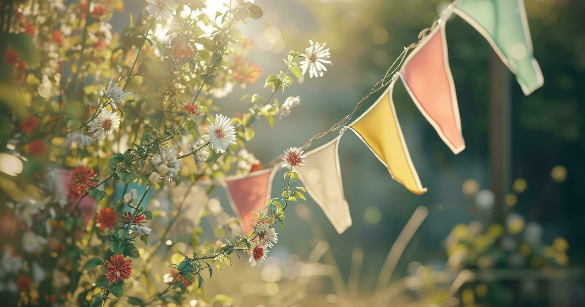 ai generato divertimento giorno bandiere con fiori sospeso giù foto