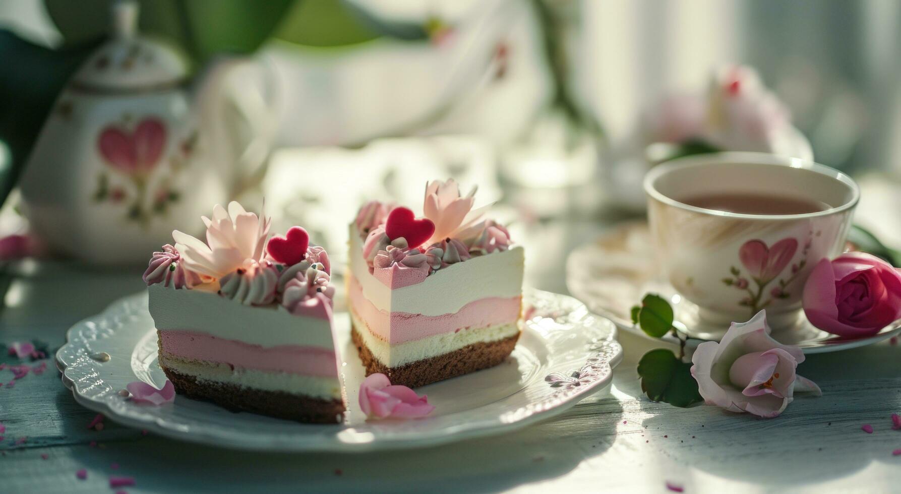 ai generato Due torte e tazze di tè nel il forma di cuori e fiori foto