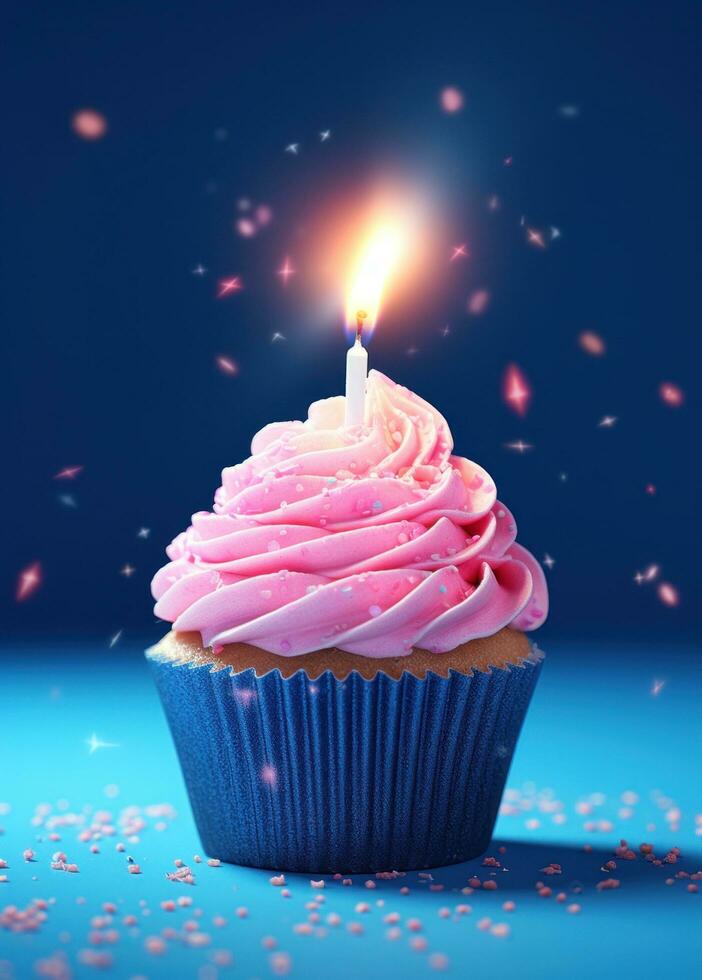 ai generato un' rosa compleanno Cupcake con candele è su un' blu sfondo foto