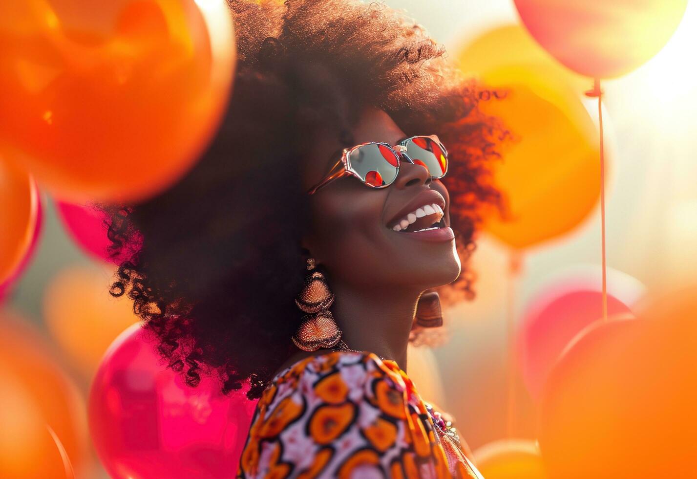 ai generato un' contento bellissimo giovane donna con grande afro ha divertimento con palloncini foto