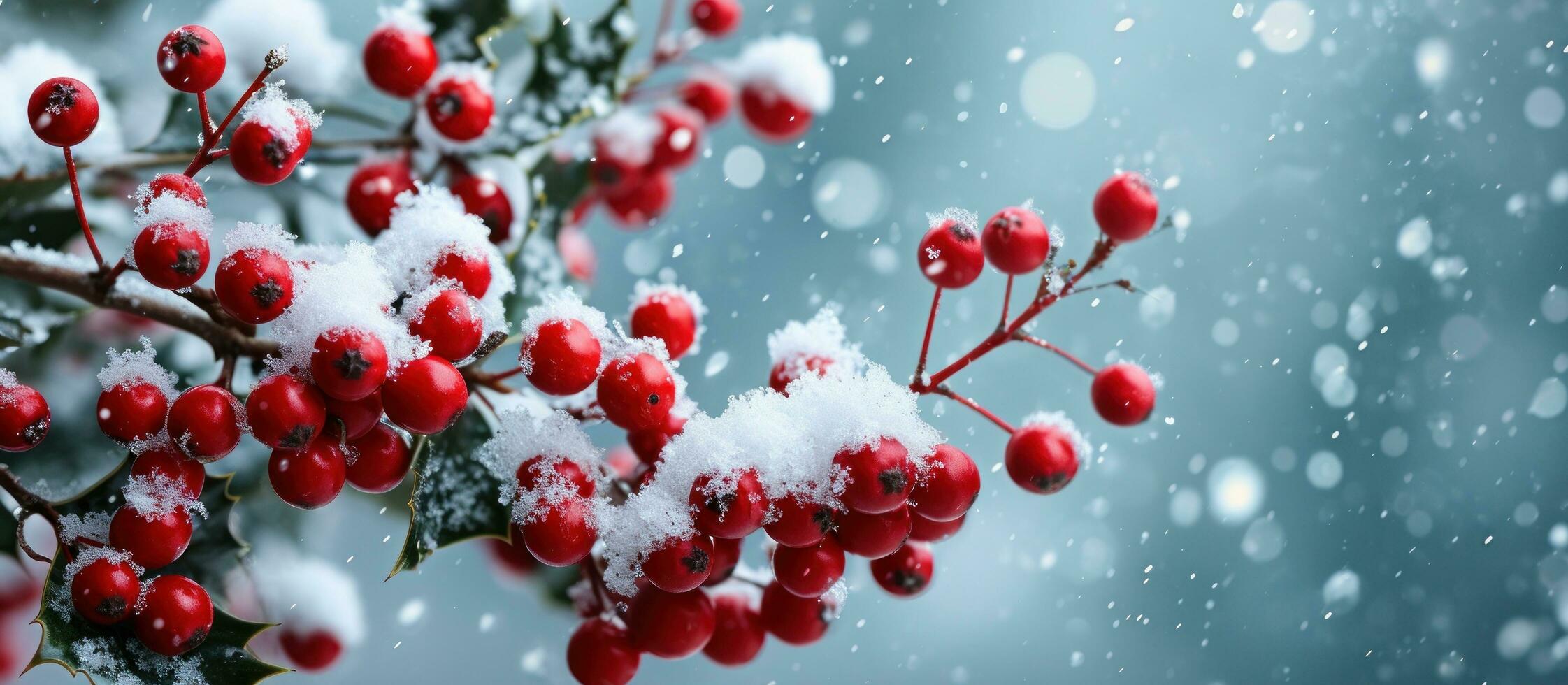 ai generato un' mazzo di rosso agrifoglio frutti di bosco e neve su il blu sfondo foto
