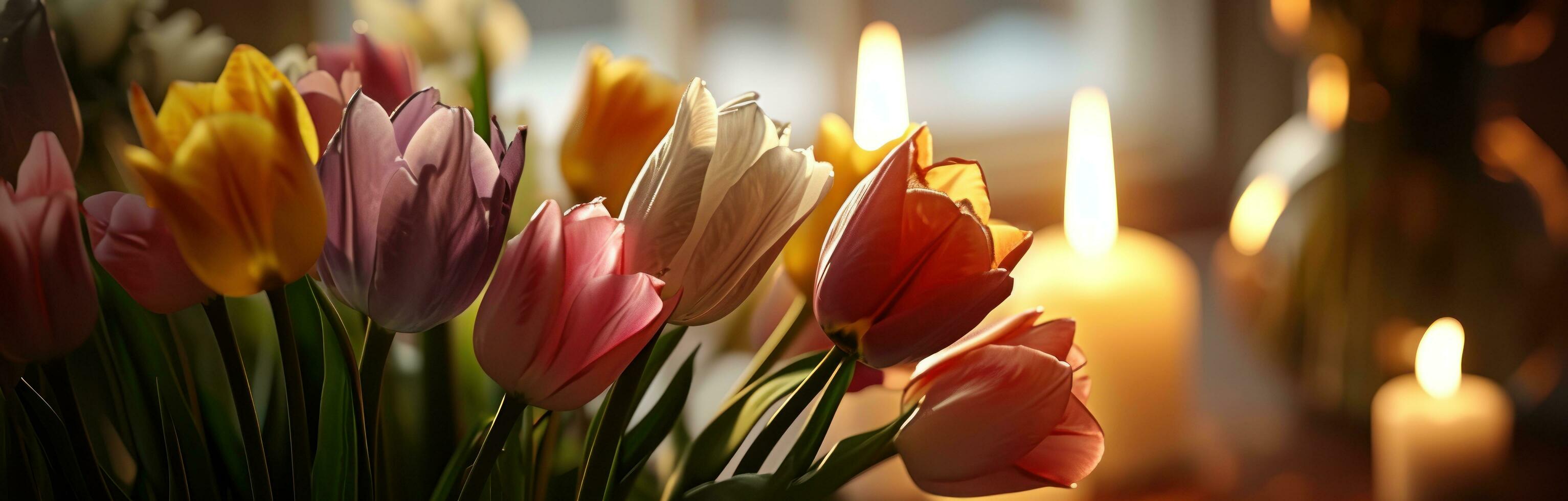 ai generato un' mazzo di colorato tulipani nel davanti di un' candela leggero foto