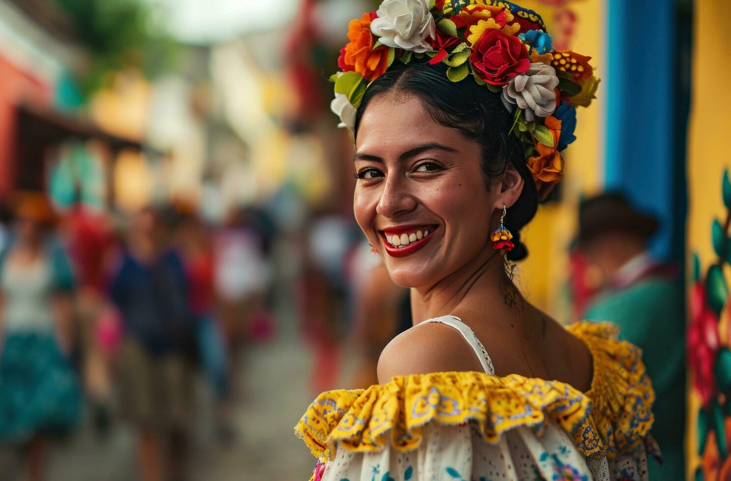 ai generato un' contento carnevale ballerino sorridente come essi camminava attraverso un' città foto