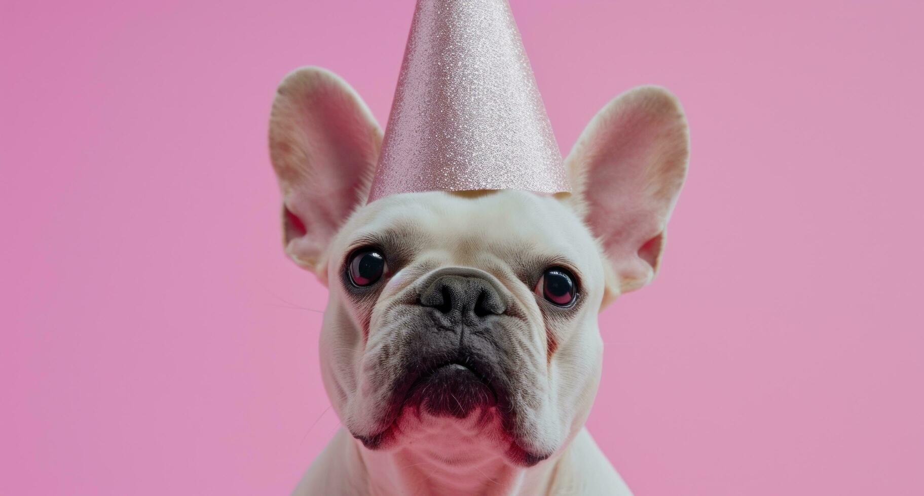 ai generato un' bianca francese bulldog nel un' festa cappello è in piedi su un' rosa sfondo foto