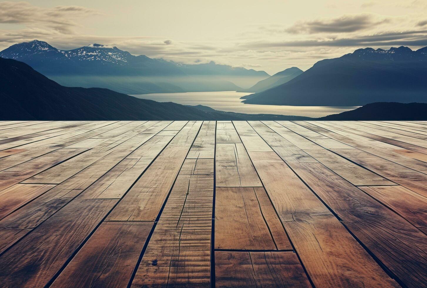 ai generato un' di legno pavimento con Visualizza di montagne e il oceano foto