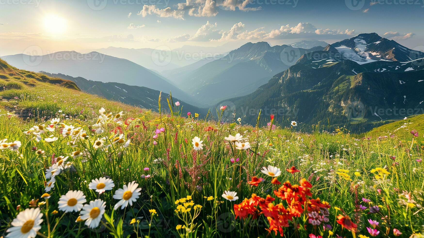 ai generato colorato prato con fiori selvatici e montagne nel il sfondo foto