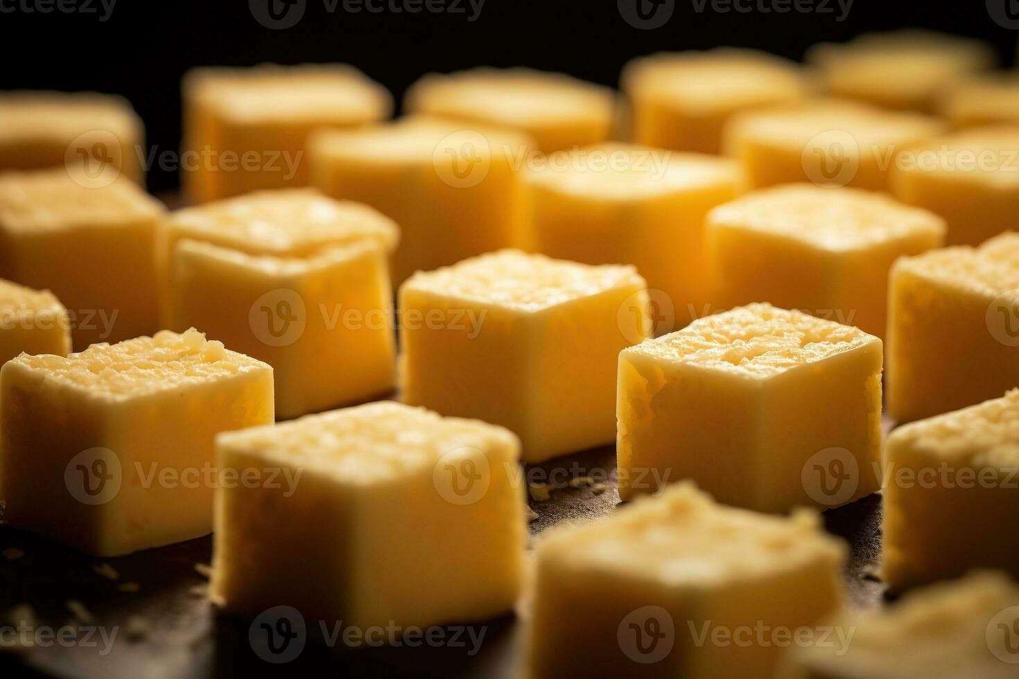 ai generato avvicinamento di un' piatto di giallo formaggio cubi. foto