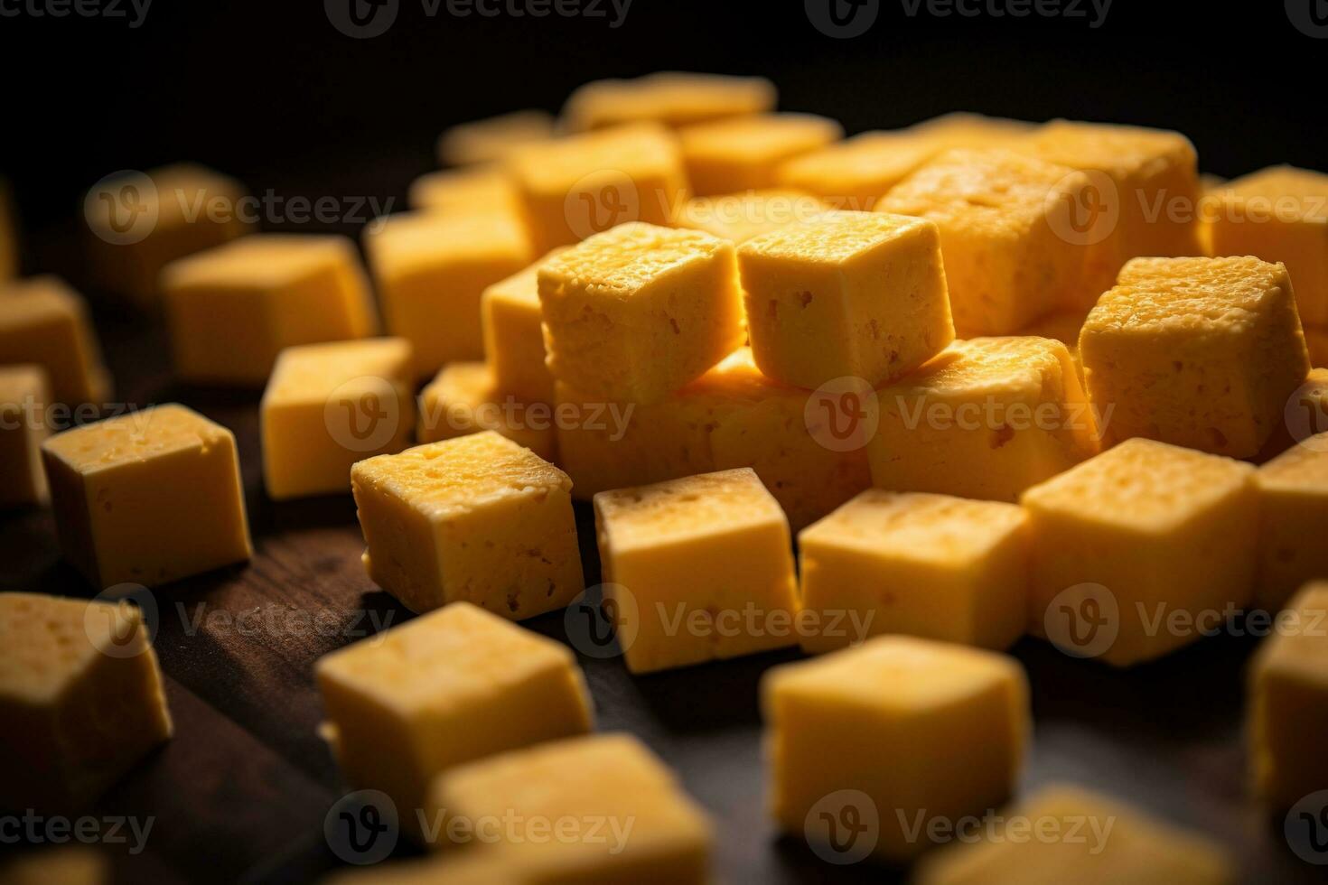 ai generato avvicinamento di un' piatto di giallo formaggio cubi. foto