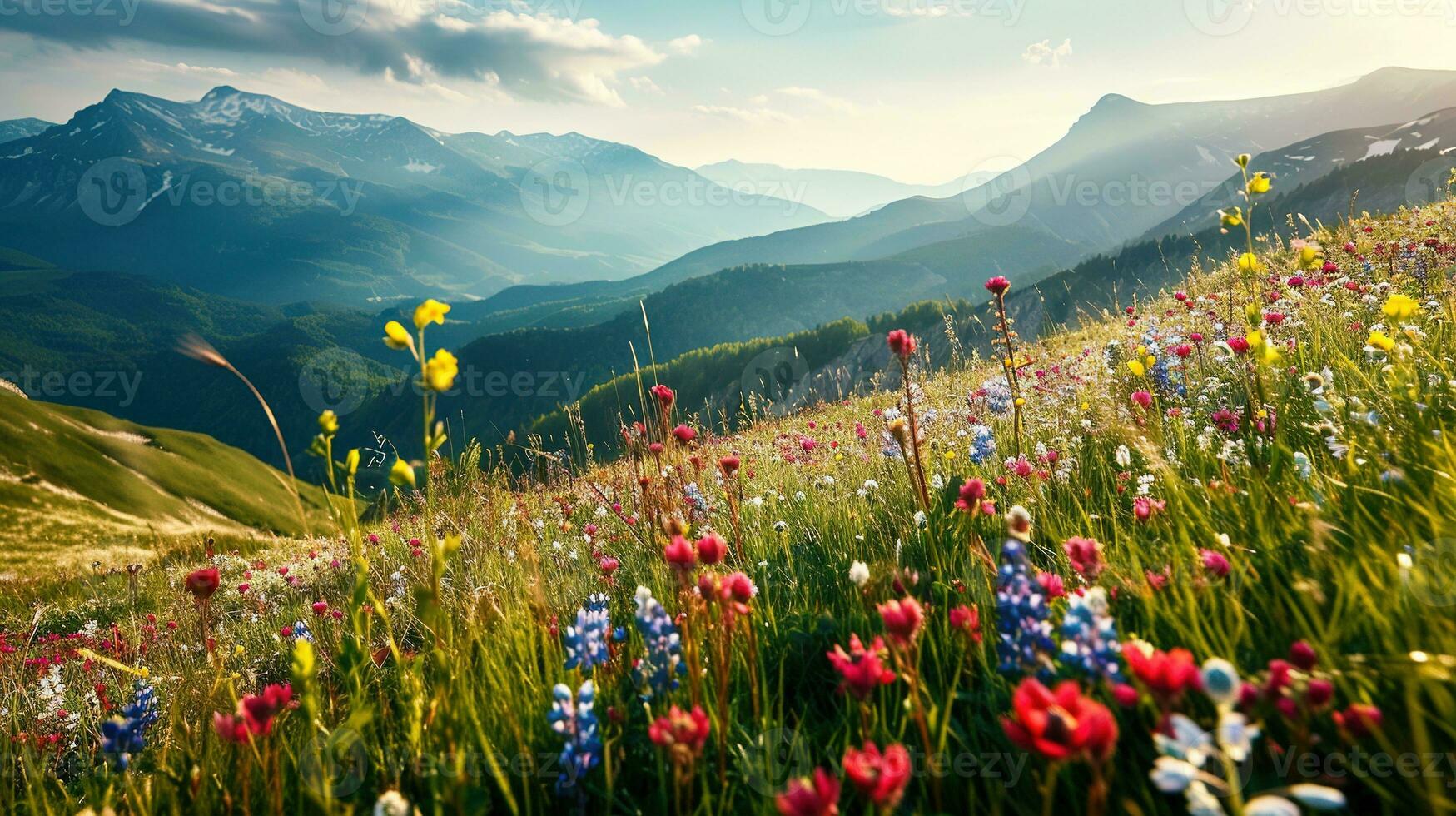 ai generato colorato prato con fiori selvatici e montagne nel il sfondo foto