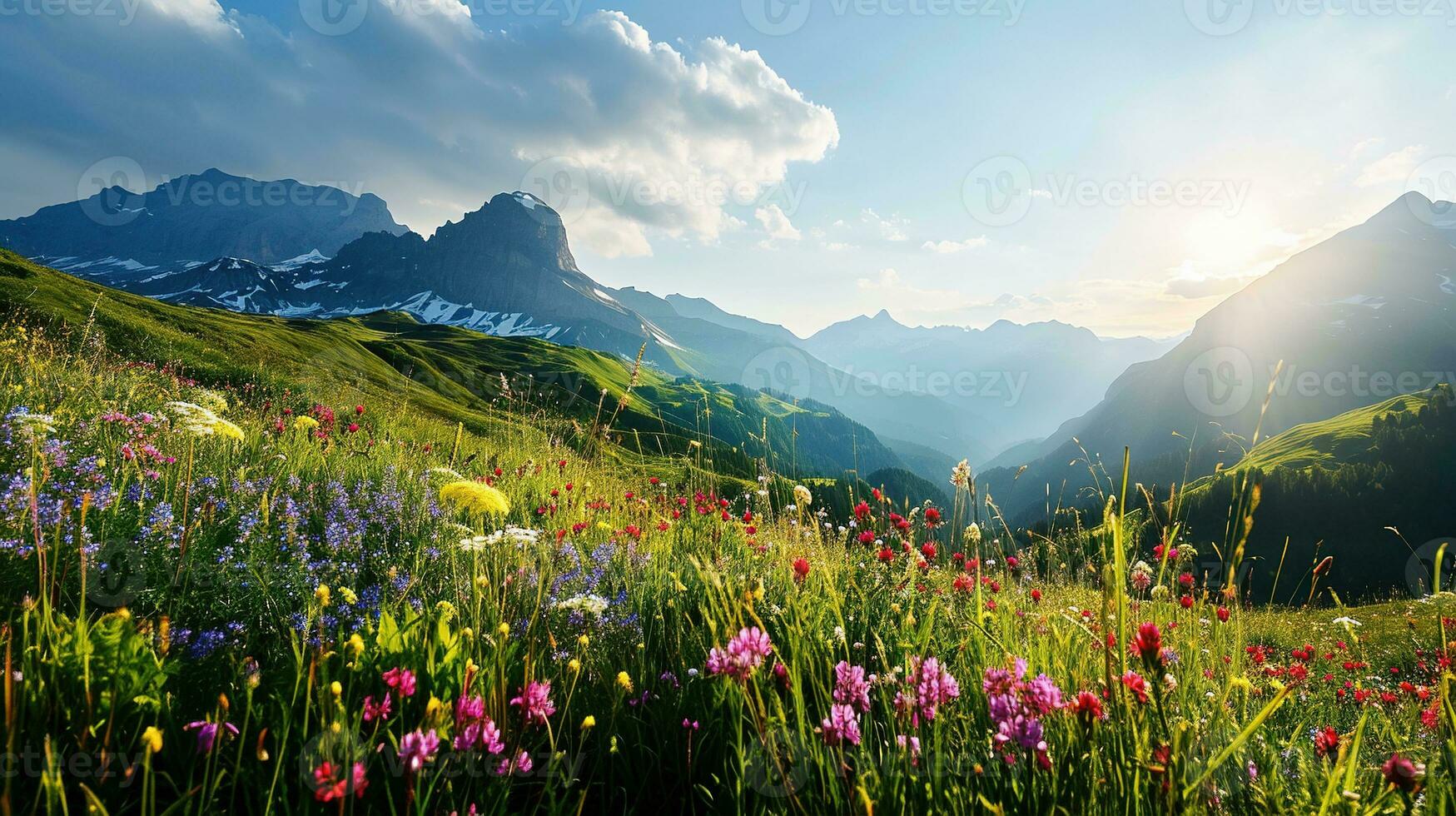 ai generato colorato prato con fiori selvatici e montagne nel il sfondo foto