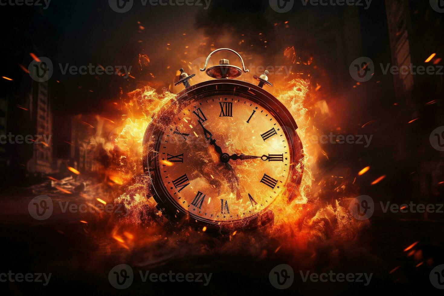 ai generato allarme orologio su fuoco sfondo. tempo è in esecuzione su concetto. foto