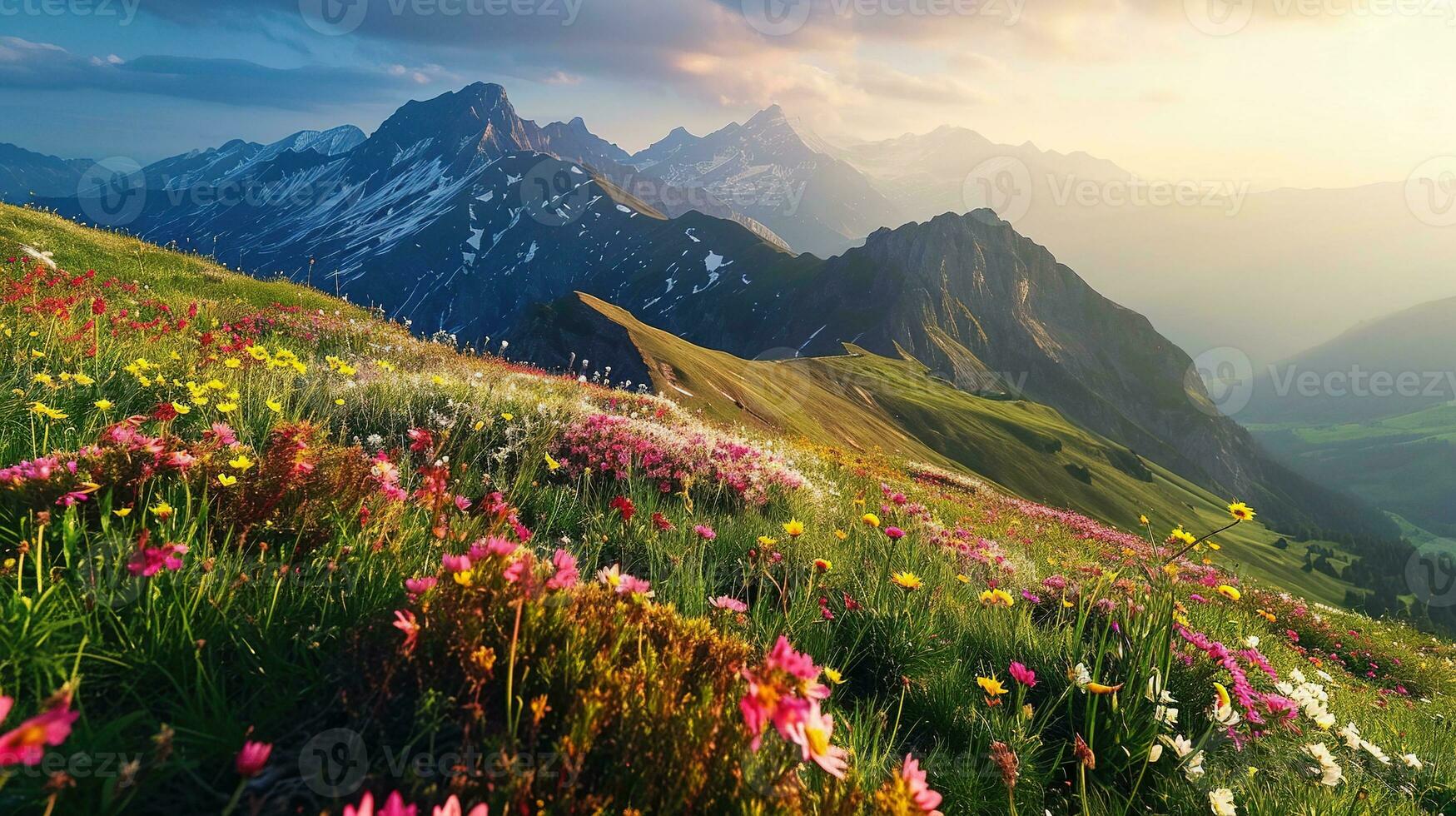 ai generato colorato prato con fiori selvatici e montagne nel il sfondo foto