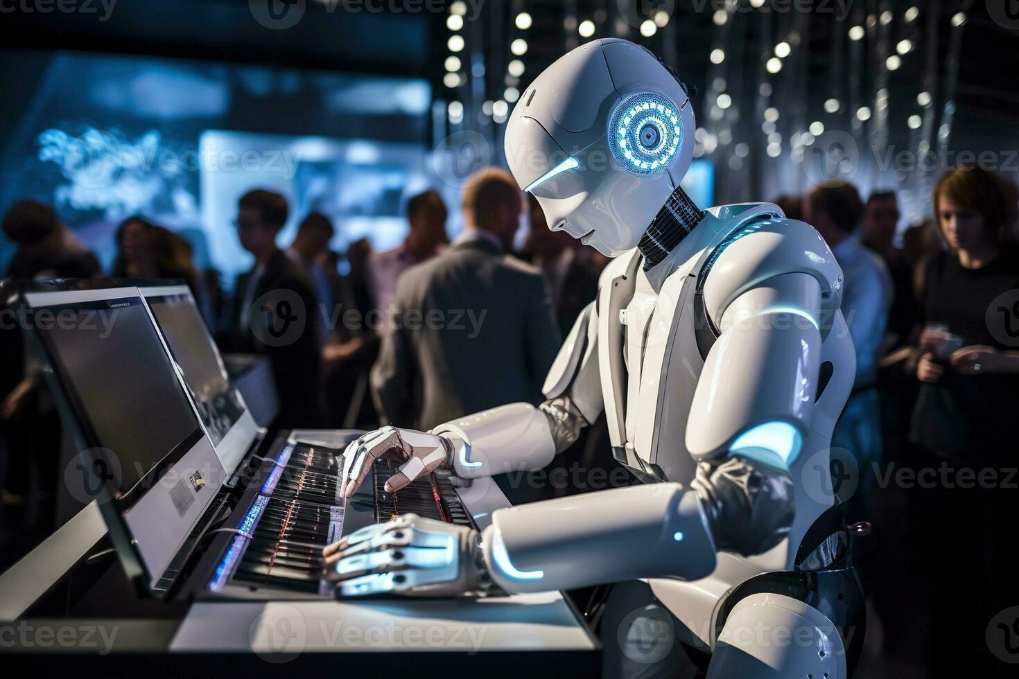 ai generato robot umanoide Lavorando su un' computer nel un' discoteca foto