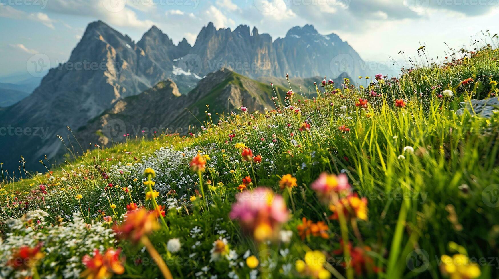 ai generato colorato prato con fiori selvatici e montagne nel il sfondo foto