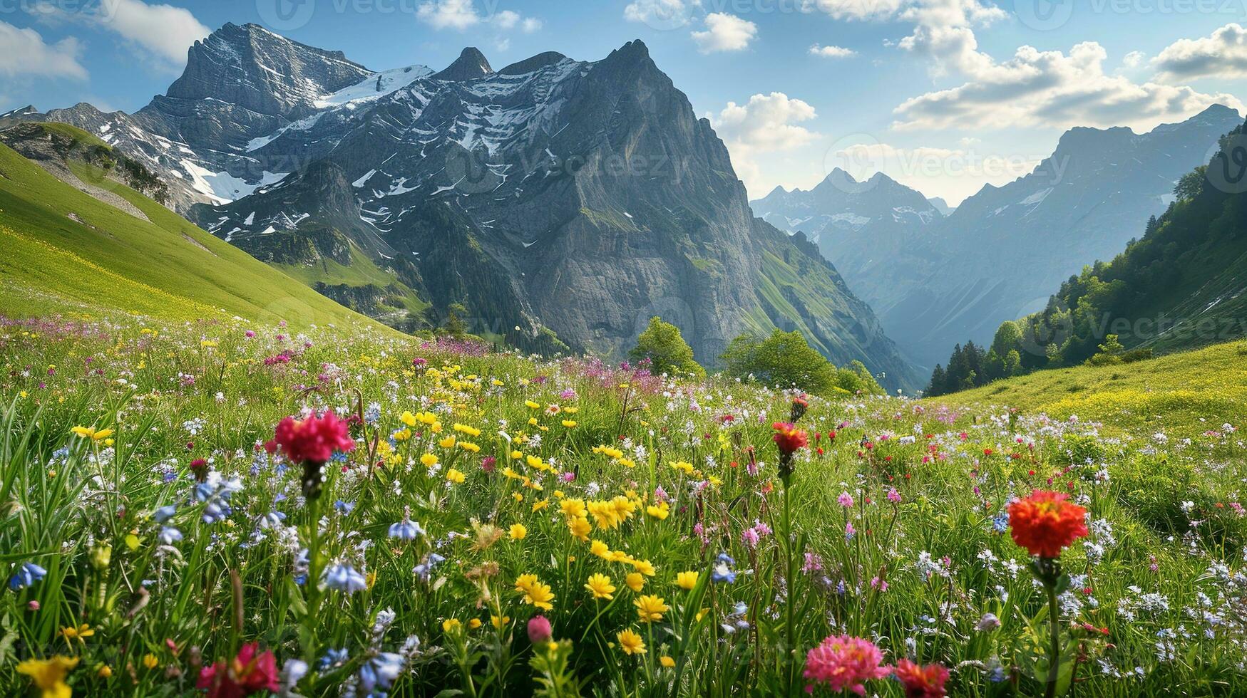 ai generato colorato prato con fiori selvatici e montagne nel il sfondo foto