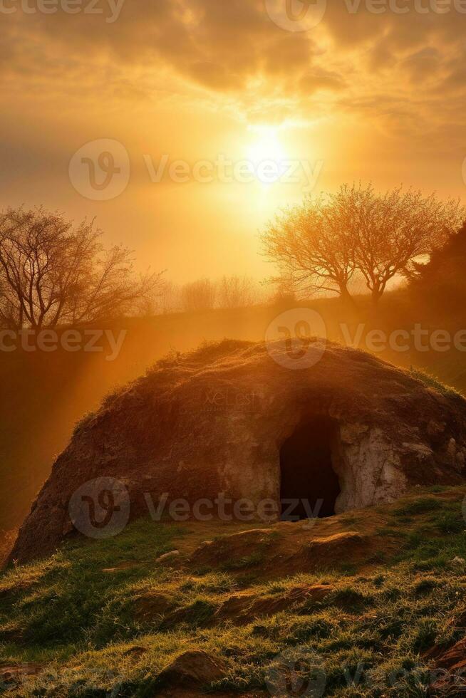 ai generato Alba al di sopra di un' megalitico tomba foto