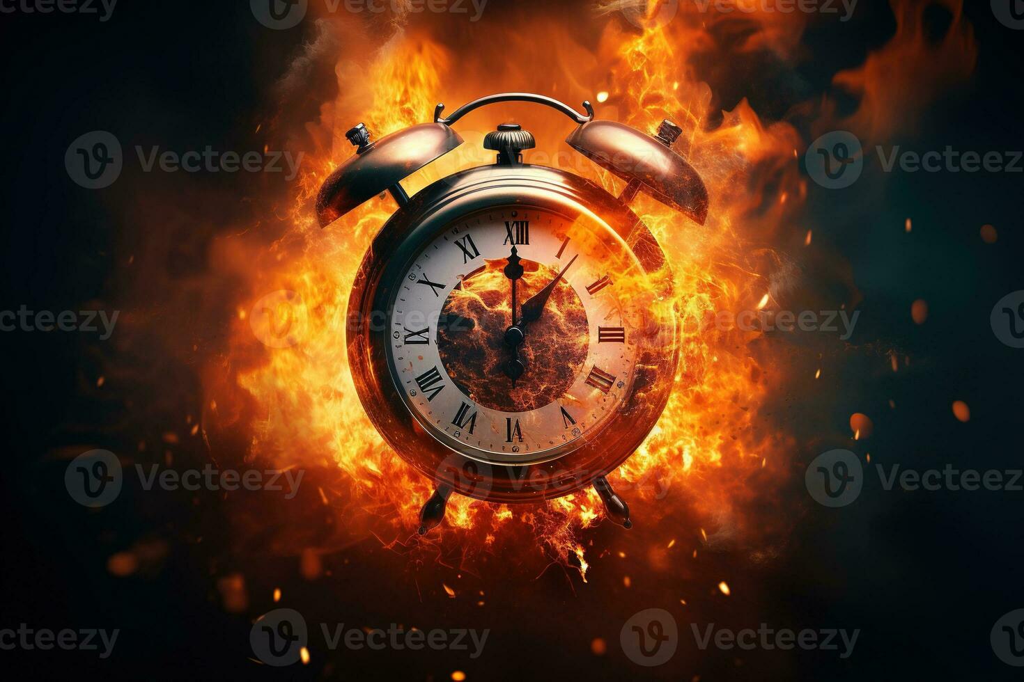 ai generato allarme orologio su fuoco sfondo. tempo è in esecuzione su concetto. foto