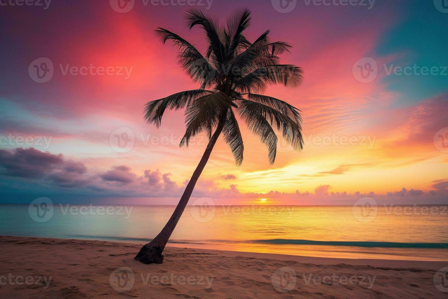 ai generato bellissimo natura tropicale spiaggia e mare con Noce di cocco palma albero a tramonto tempo per viaggio e vacanza foto