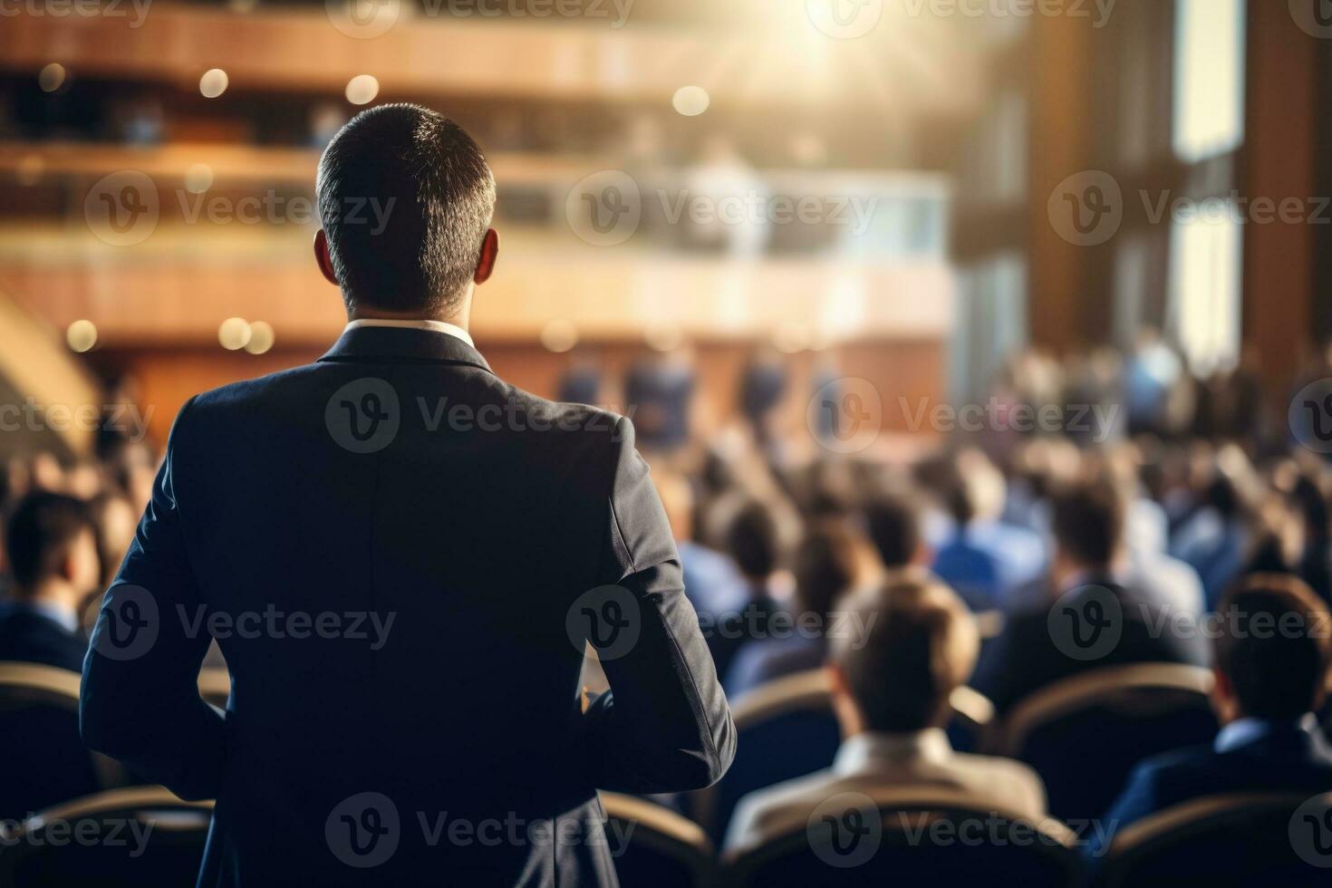 ai generato altoparlante dando un' parlare a attività commerciale conferenza. pubblico a il conferenza sala. attività commerciale e imprenditoria. foto