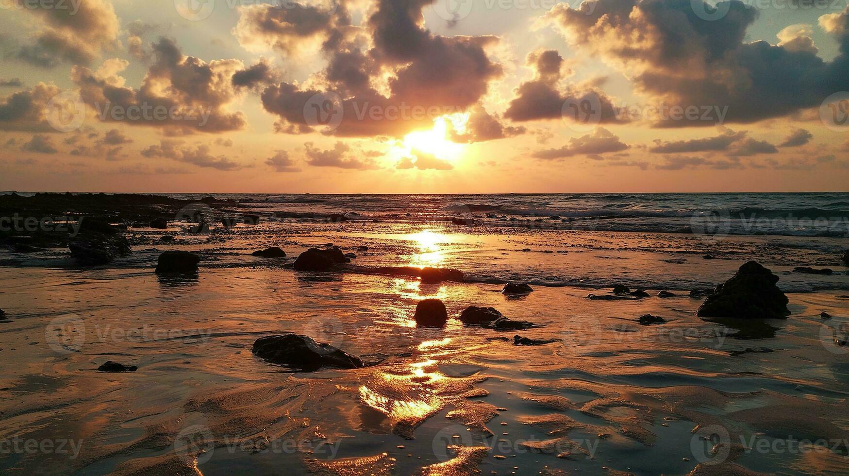 ai generato bellissimo tramonto su il spiaggia. mare onde e schizzi. foto