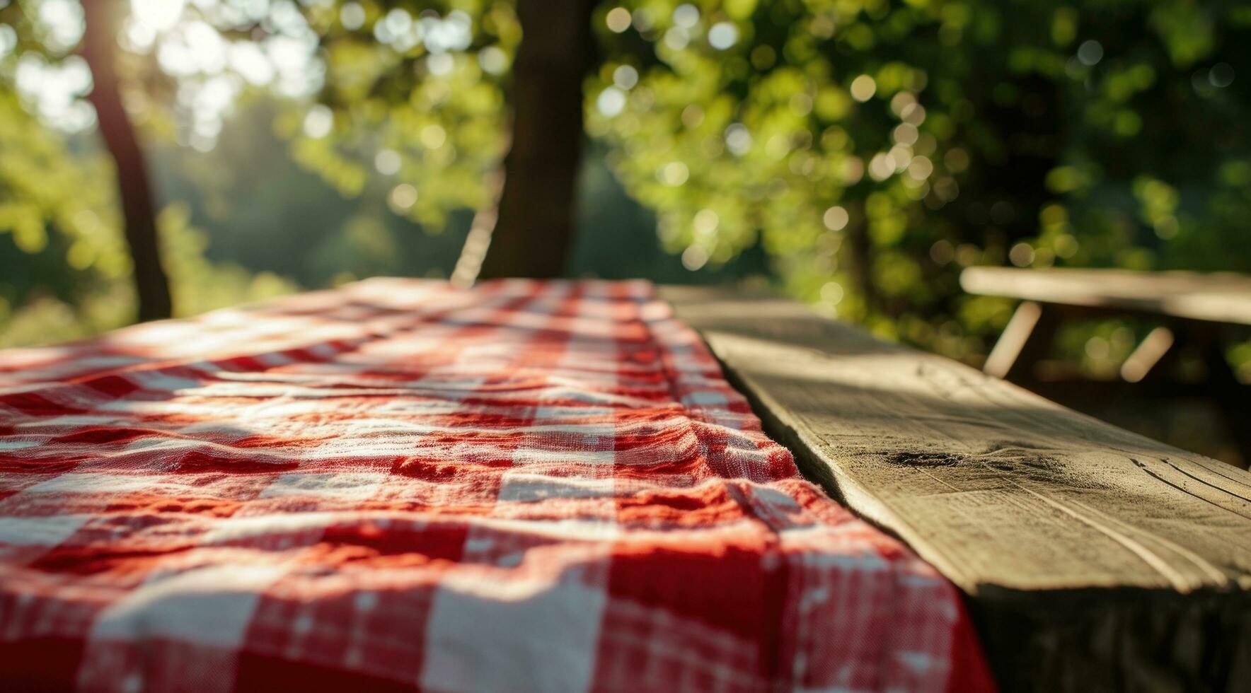 ai generato rosso stoffa picnic tovaglia su il picnic tavolo nel autunno natura sfondo foto