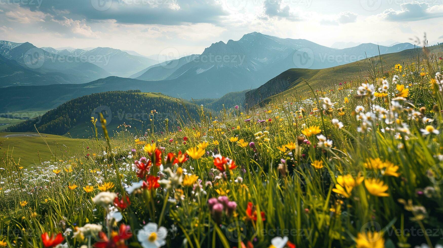 ai generato colorato prato con fiori selvatici e montagne nel il sfondo foto