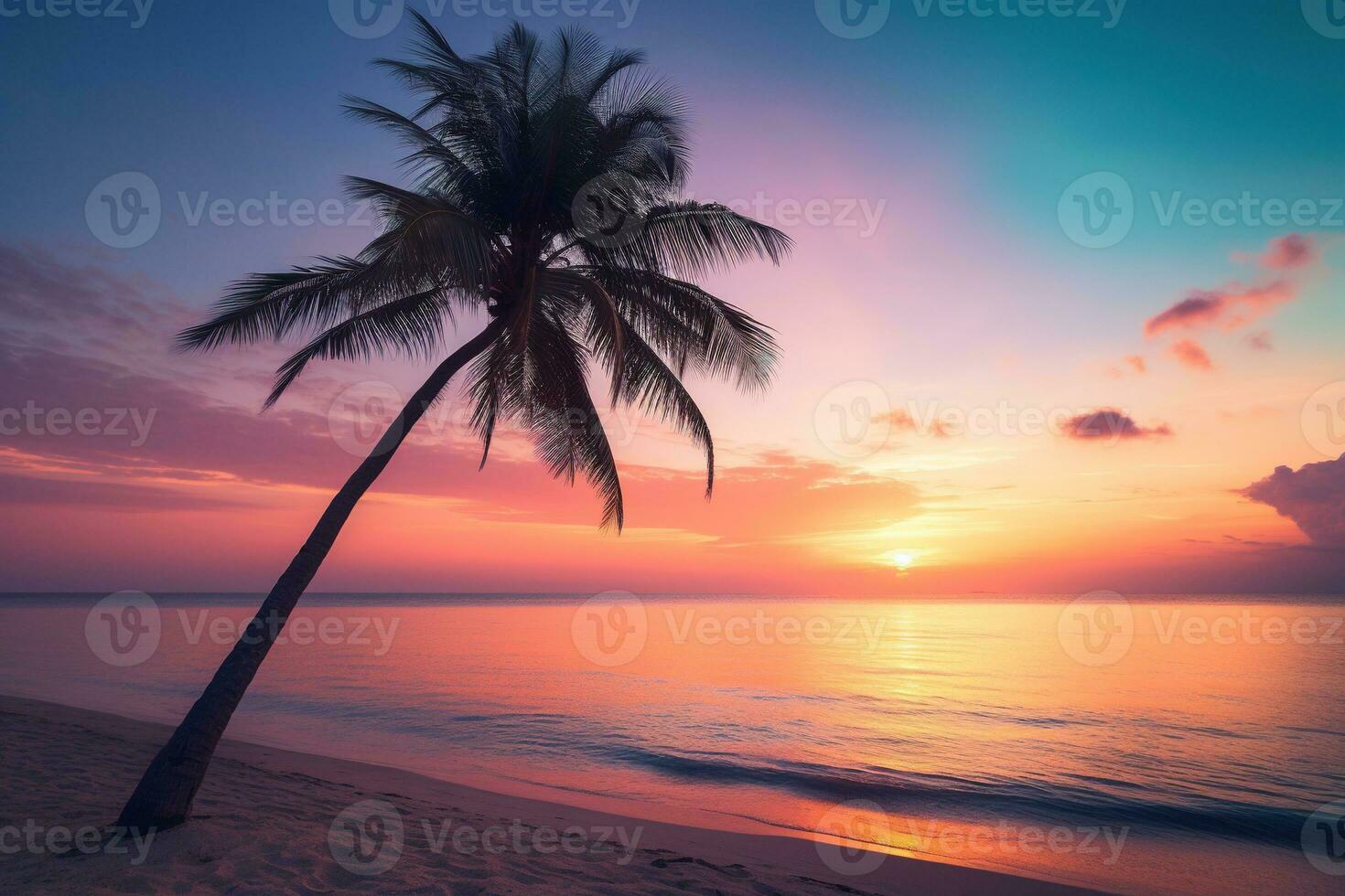 ai generato bellissimo natura tropicale spiaggia e mare con Noce di cocco palma albero a tramonto tempo per viaggio e vacanza foto