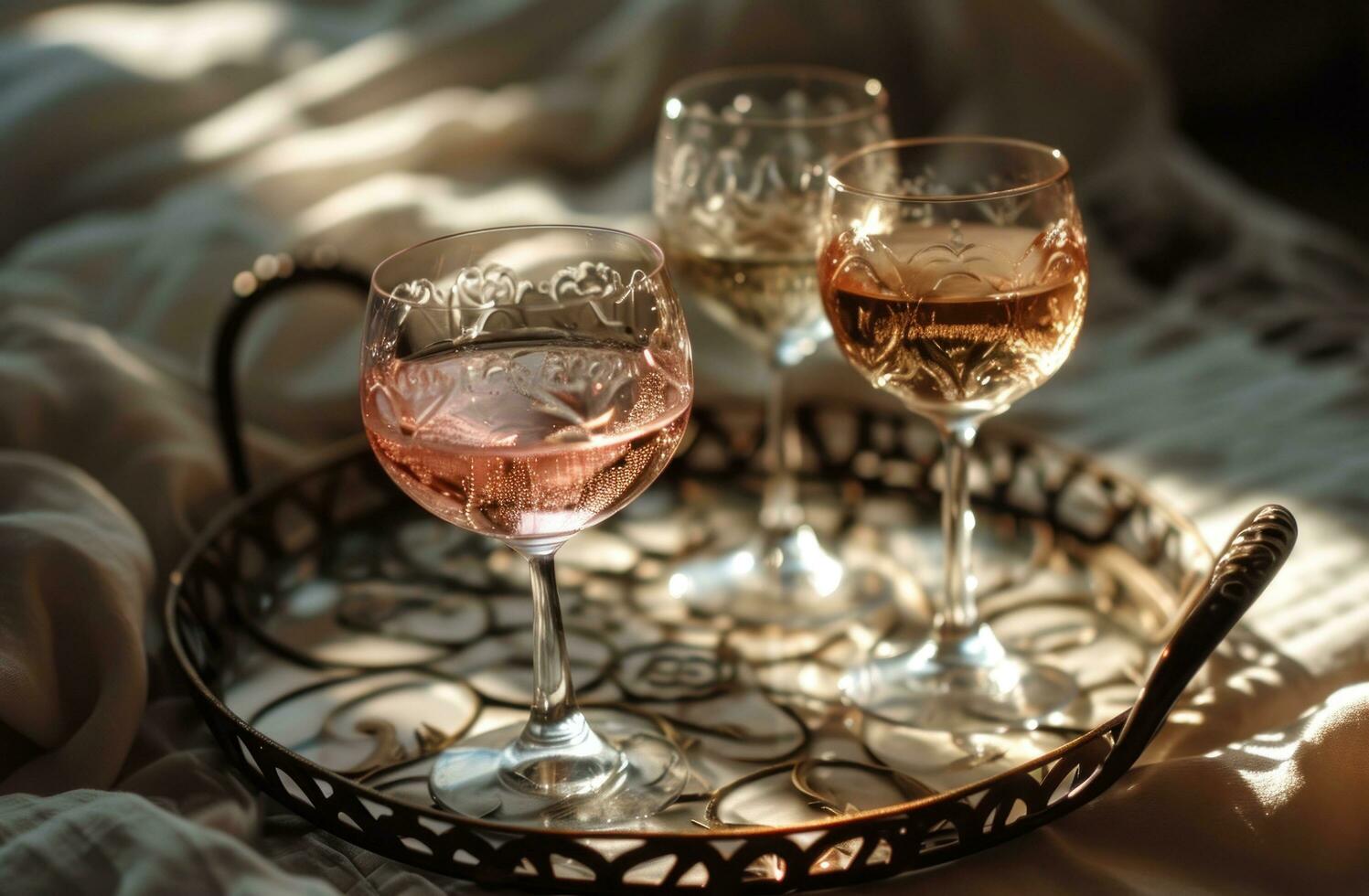ai generato tre francese bianca vino bicchieri con Due battuto ferro terminali su un antico lattina vassoio foto