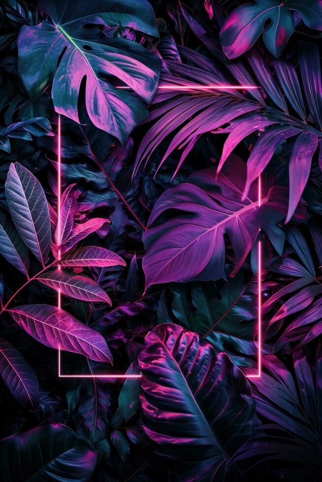 ai generato neon piazza telaio sfondo nel tropicale le foglie foto