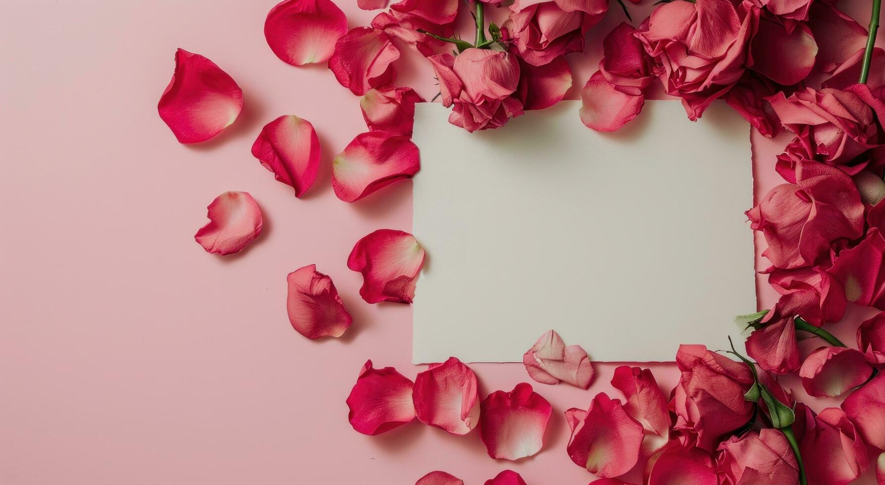 ai generato un' vuoto carta e rosa petali su un' rosa sfondo foto