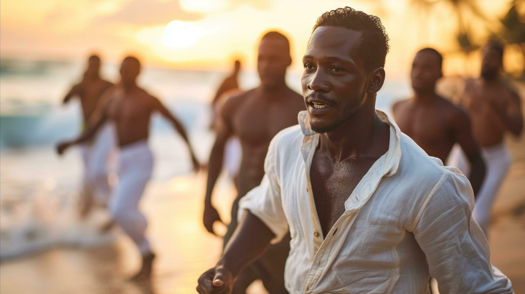 ai generato gruppo di uomini in esecuzione con gioia su un' soleggiato spiaggia a tramonto foto