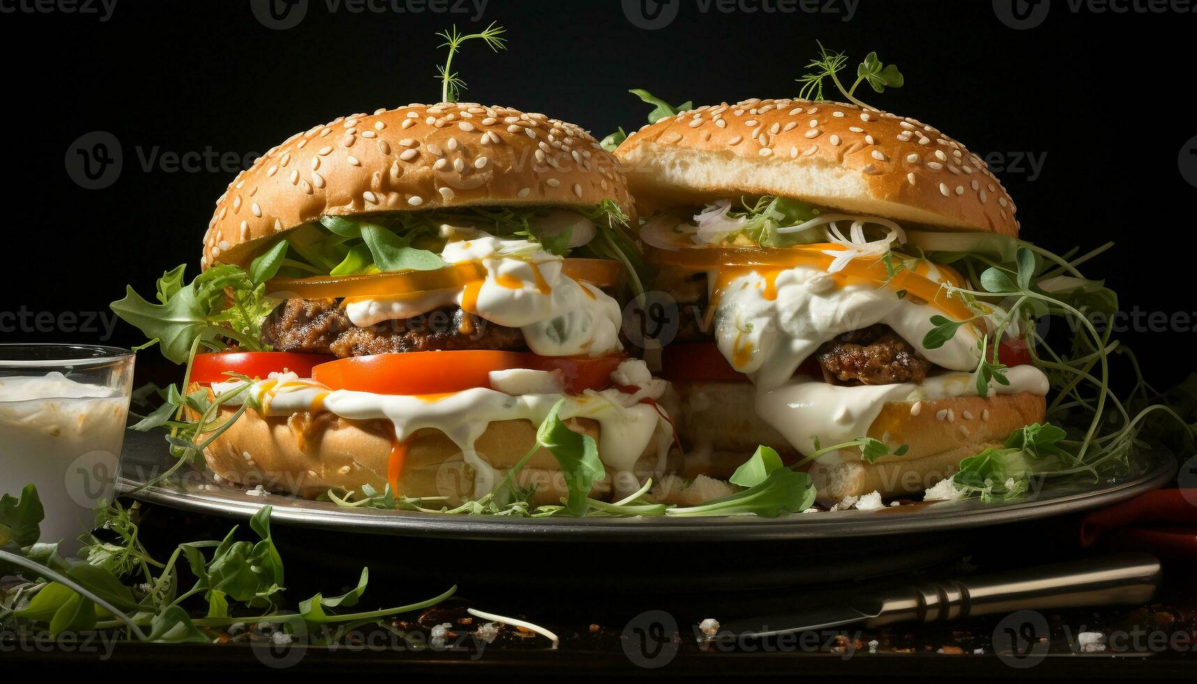 ai generato grigliato buongustaio hamburger con fresco manzo, formaggio, e verdure generato di ai foto