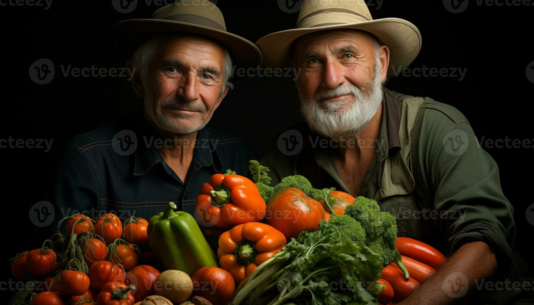 ai generato sorridente anziano uomini, salutare stili di vita, Tenere fresco la verdura, guardare a telecamera generato di ai foto