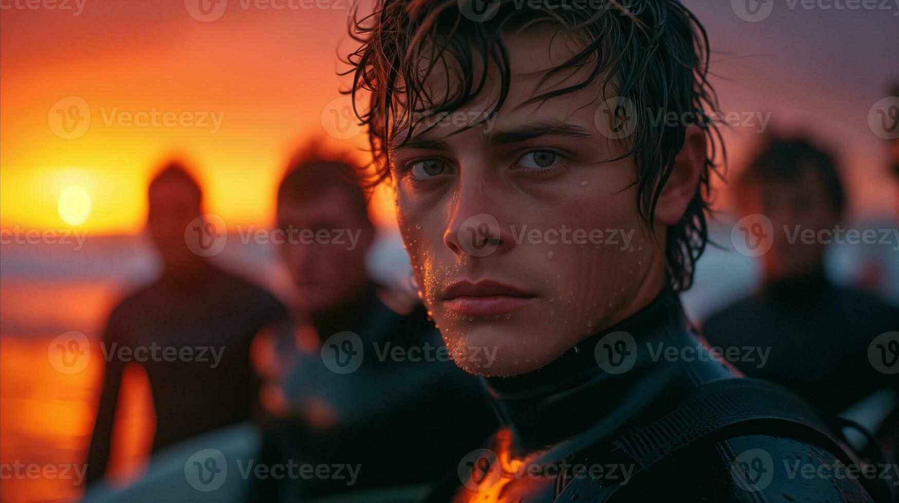 ai generato giovane surfer con amici godendo tramonto a il spiaggia nel mute foto