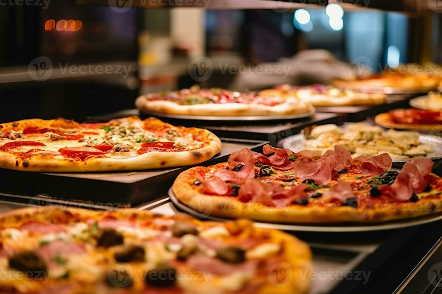 ai generato assortito Pizza varietà su Schermo, medio angolo tiro foto